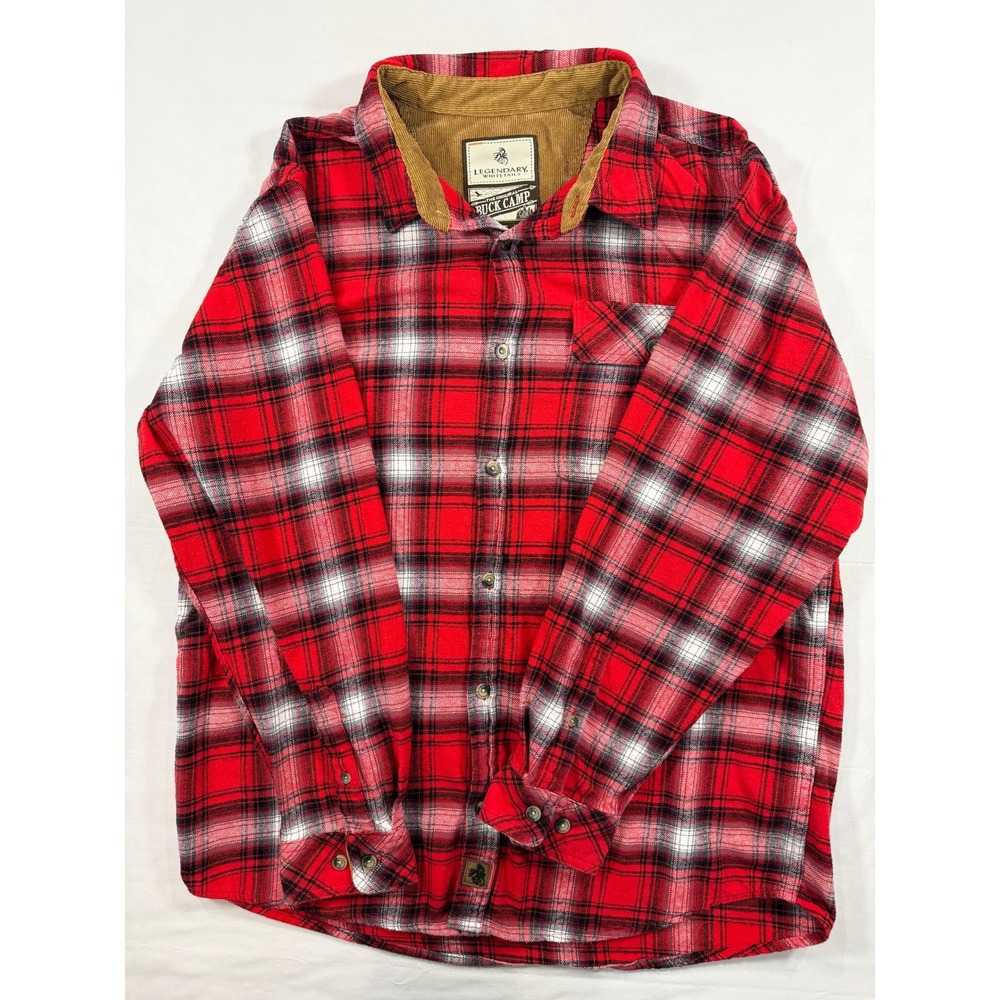 Legendary Whitetails Buck Camp Mens Flannel Shirt Lg Red Plaid Corduroy Collar